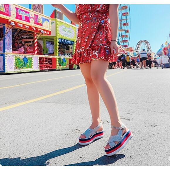 Auth Gucci Cross Sparkly Straps Red White Blue Platform Slingback Sandals Sz 4.5 - Picture 2 of 14